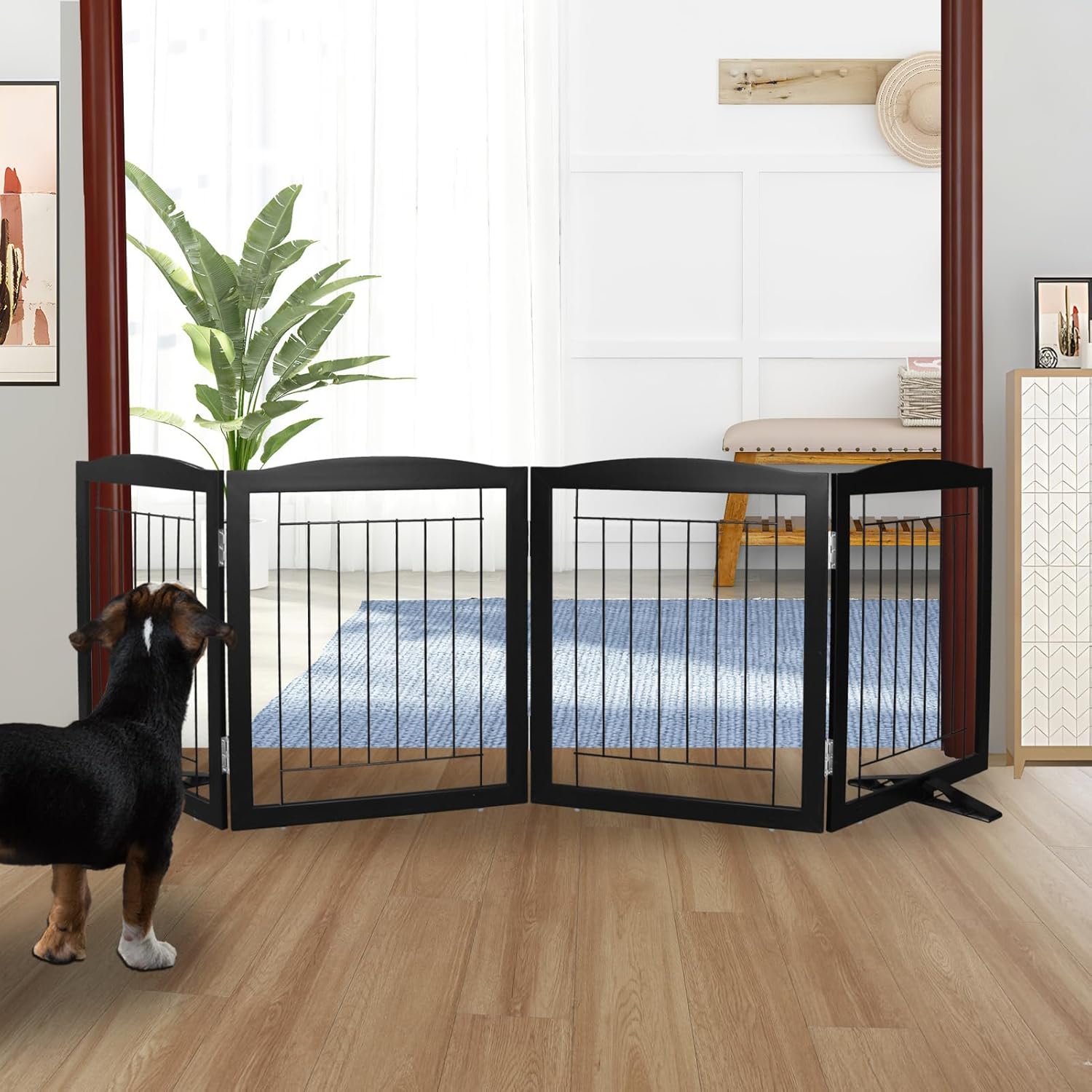 ZJSF Freestanding Dog Fence Indoor, Foldable Dog Gate for Doorways, Stairs or Hallways, Sturdy Wood Extra Wide Pet Gate with Support Feet for The House, Black, 24 "Height-4 Panels