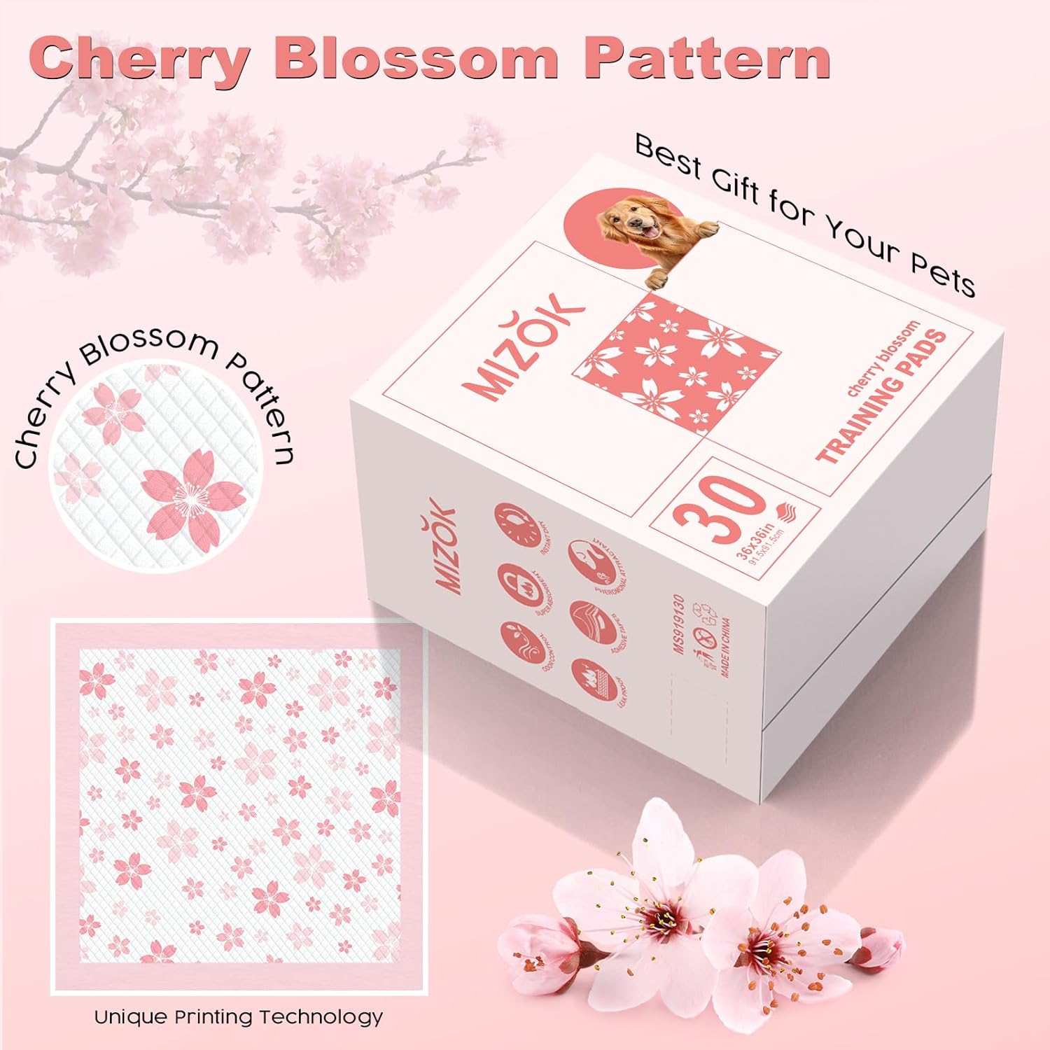 MIZOK 36x36 Puppy Pads Pink, Dog Pee Pads Leak-Proof with Quick-Dry Surface, Dog Pads Extra Large with Cherry Blossom Prints, Pee Pads for Dogs Super Absorbent (30 Count)