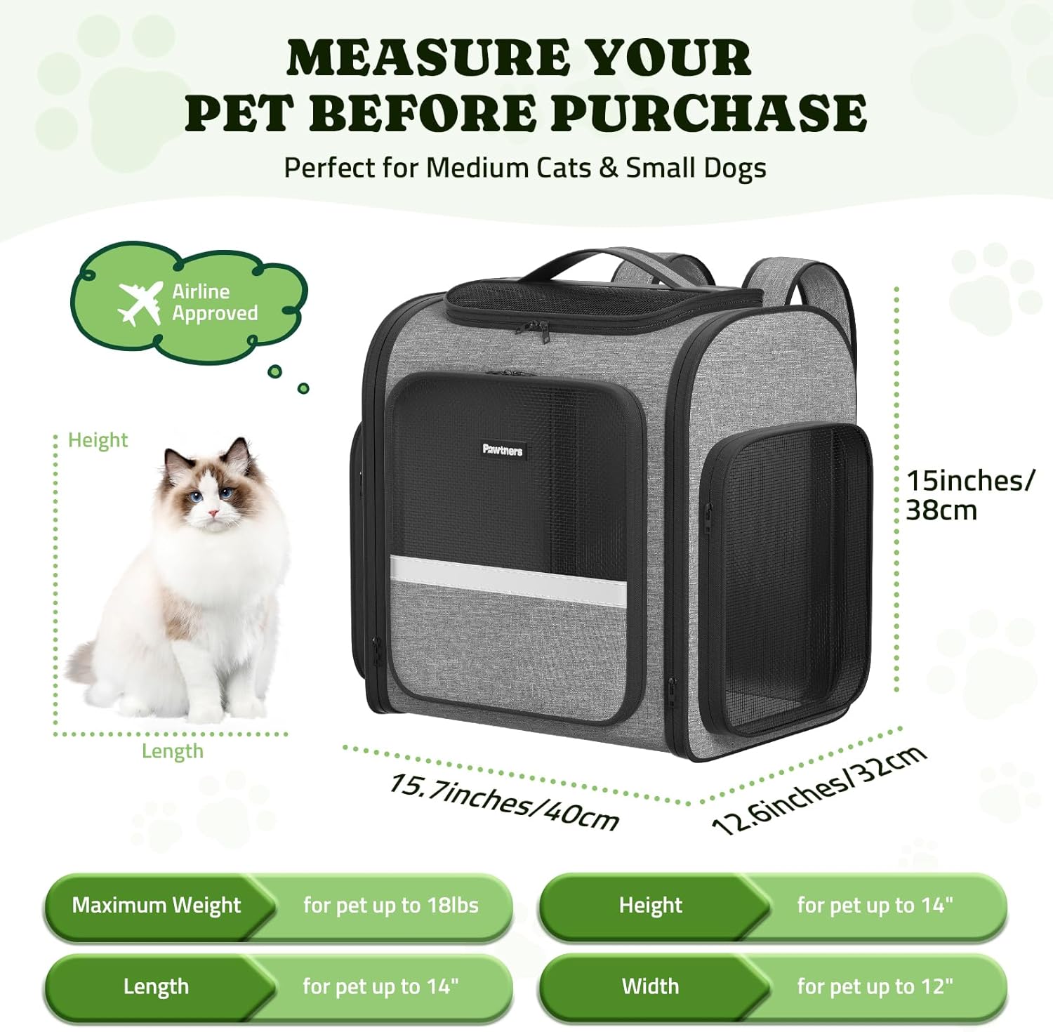 Pawtners Dog Backpack Carrier Large Pet Carrier Backpack for Kitten Small Dogs Puppies & Large Cats Up to 18 Lbs, Breathable Dog Backpack with Anti-Scratch Mesh, Ventilated Design, Perfect for Travel