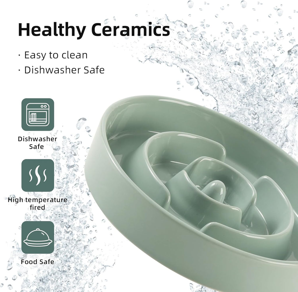 9.5inch Ceramic Raised Slow Feeder Dog Bowl Set, Elevated Bowl with Wooden Stand for Large Dog, Puzzle Slow Pet Food Dish, Preventing Choking(Light Green, Single Bowl+ Stand)