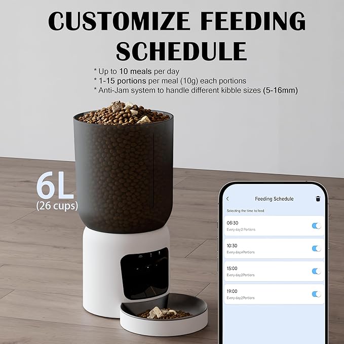 Automatic Cat Feeder with 2K Camera: Cat Food Dispenser with 6L Capacity, Container for Multiple Pet; Automatic Dog Feeder with Night Vision Support 5/2.4GHz & 2-Way Audio, Anti-Jam Design (White)
