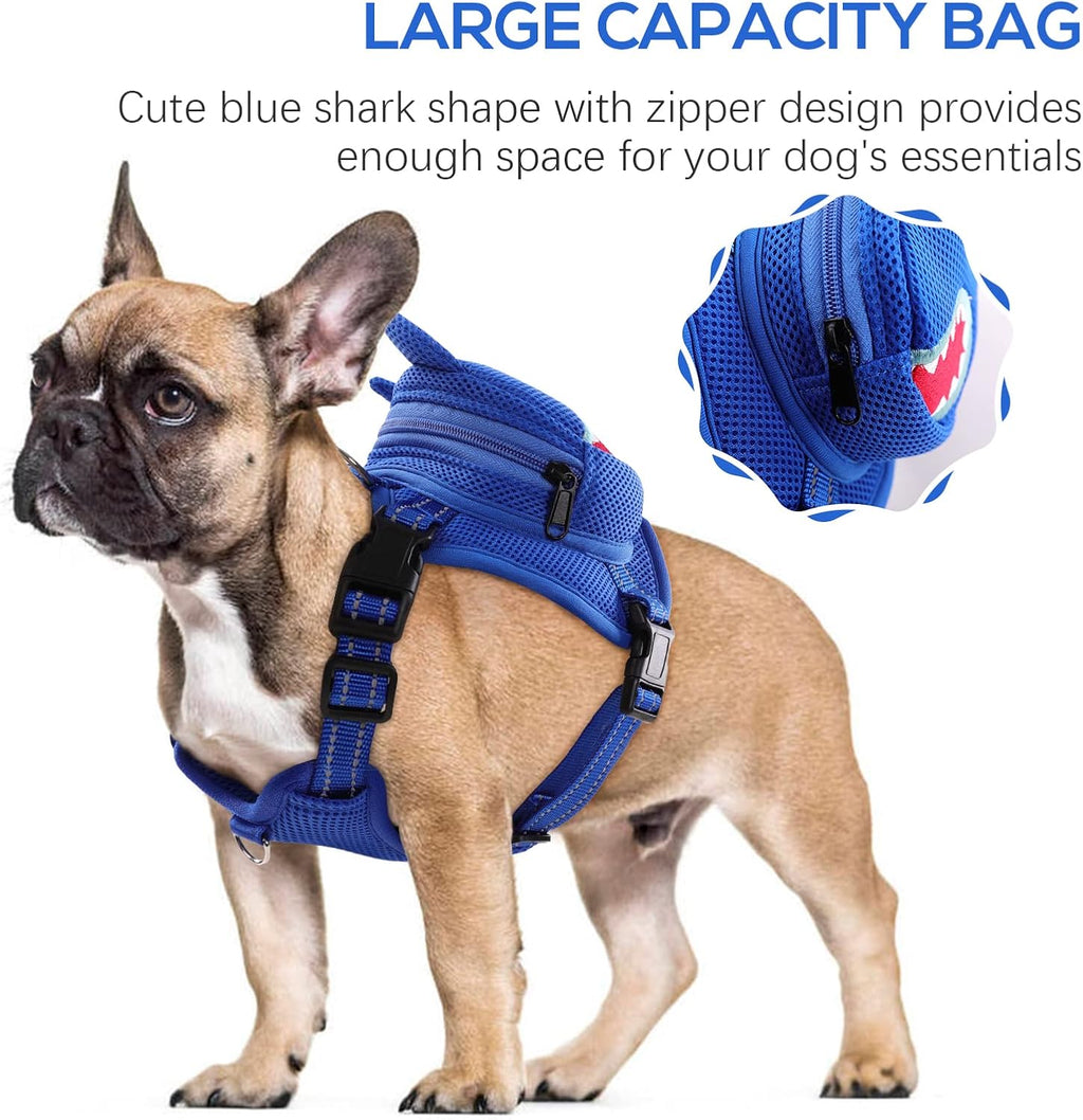 IDOMIK Dog Backpack Harness, No-Pull Dog Backpack with D-Ring for Small Medium Dogs, Cute Self Carrier Backpack for Dogs to Wear, Adjustable Dog Harness Backpack for Traveling Camping Hiking,Shark,XS