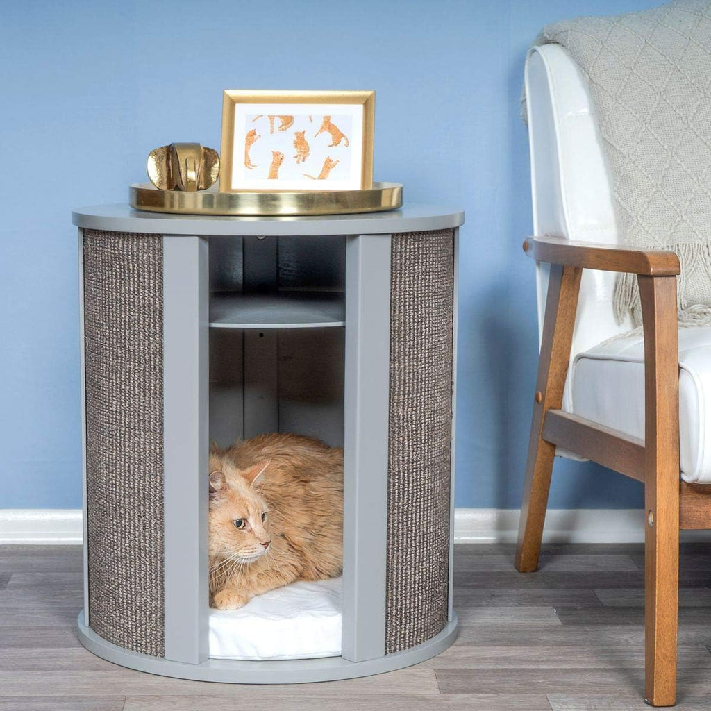 THE REFINED FELINE Purrrrfect End Table Cat Bed Cave in Smoke Gray, Multipurpose Wood Cat Furniture Nightstand, Easy to Clean Covered Cat Bed with Replaceable Scratching Post & Washable Cushion