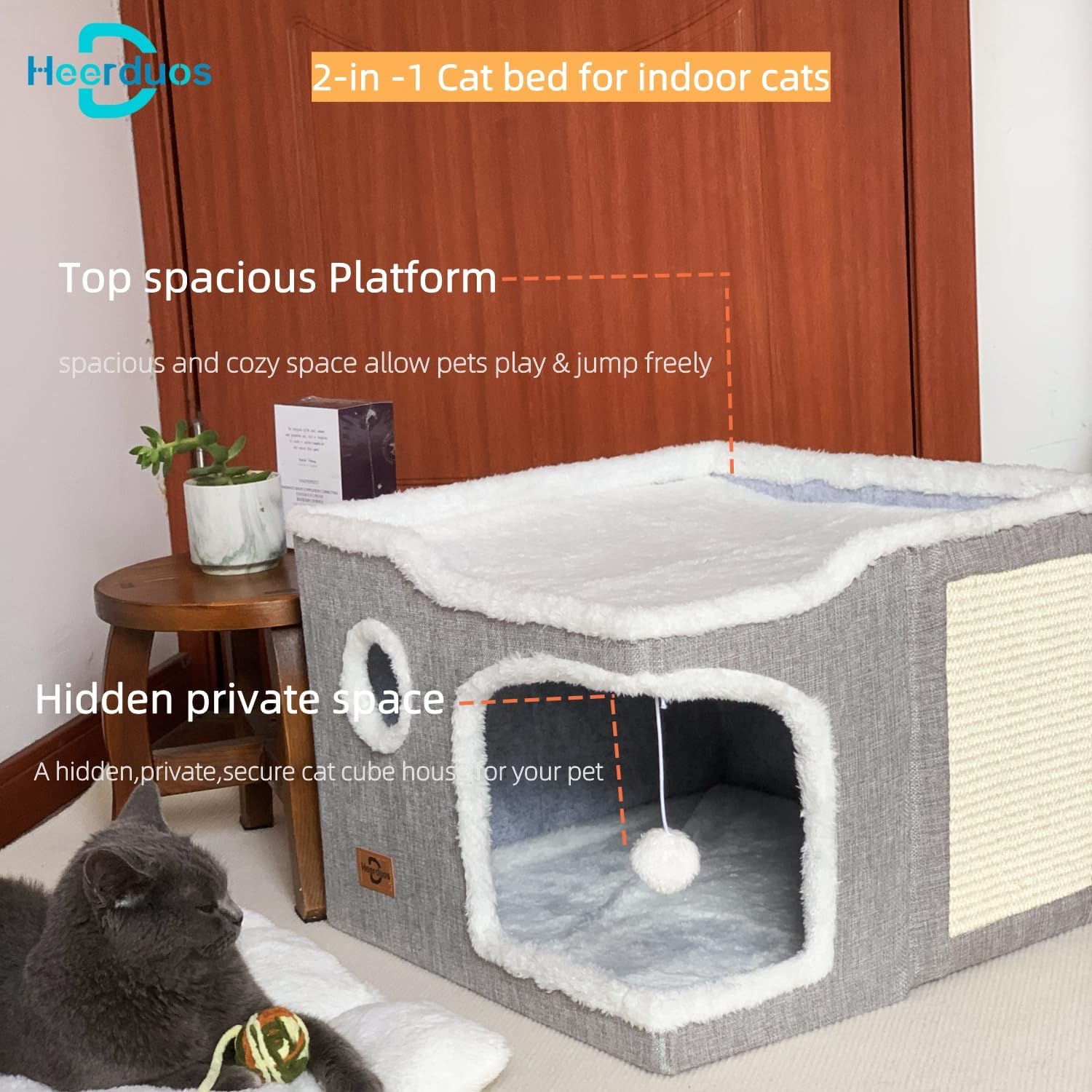 Cat Bed for Indoor Cats,Covered Cat Cave House & Furniture with Scratch Pad,Foldable Cat Hideaway Hut Cute Cat Condo with Soft Washable Mat for Multi Small Pet Under 30 lbs,Light Grey