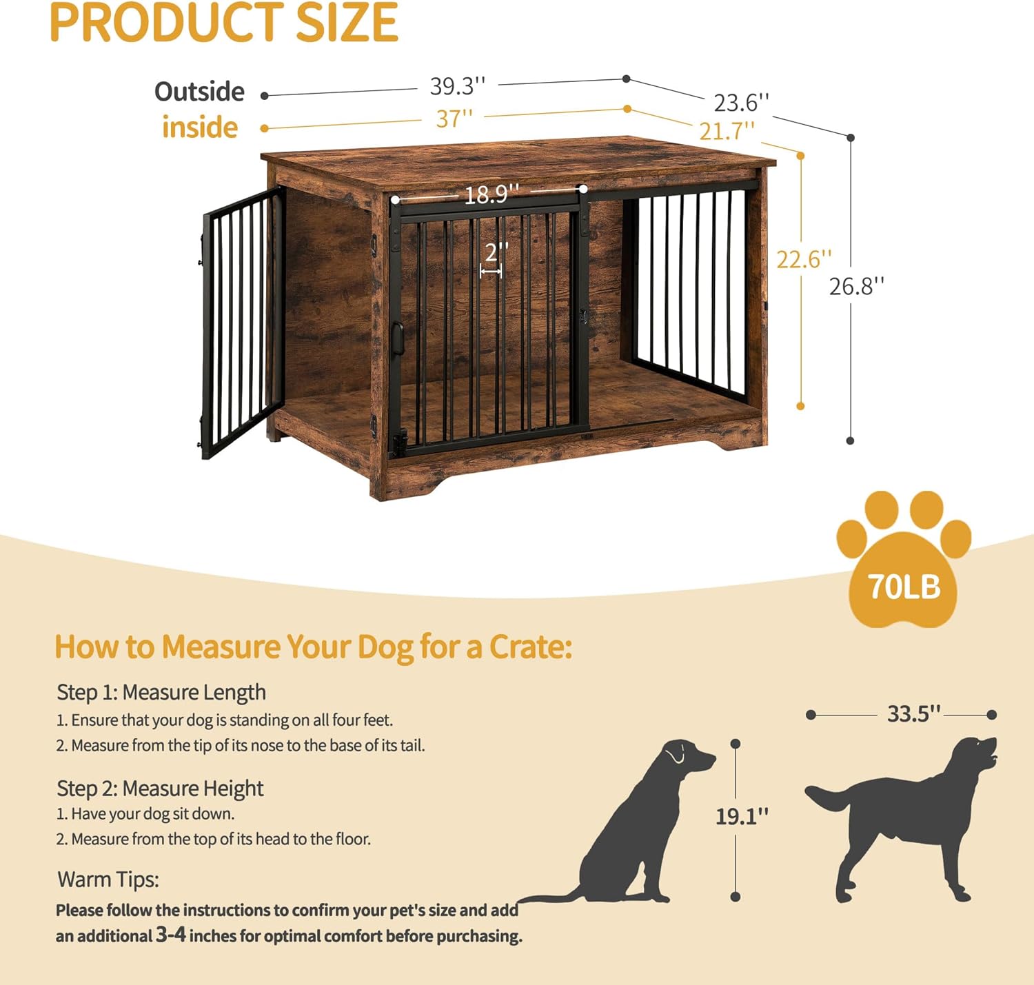 39.3" Dog Crate Furniture with Barn Door, Heavy Duty Dog Kennel Indoor with 2 Doors, Wooden Pet Cage End Table for Large Small Medium Dogs, Anti-Chew Anti-Escape, Rustic Brown DFC02301B