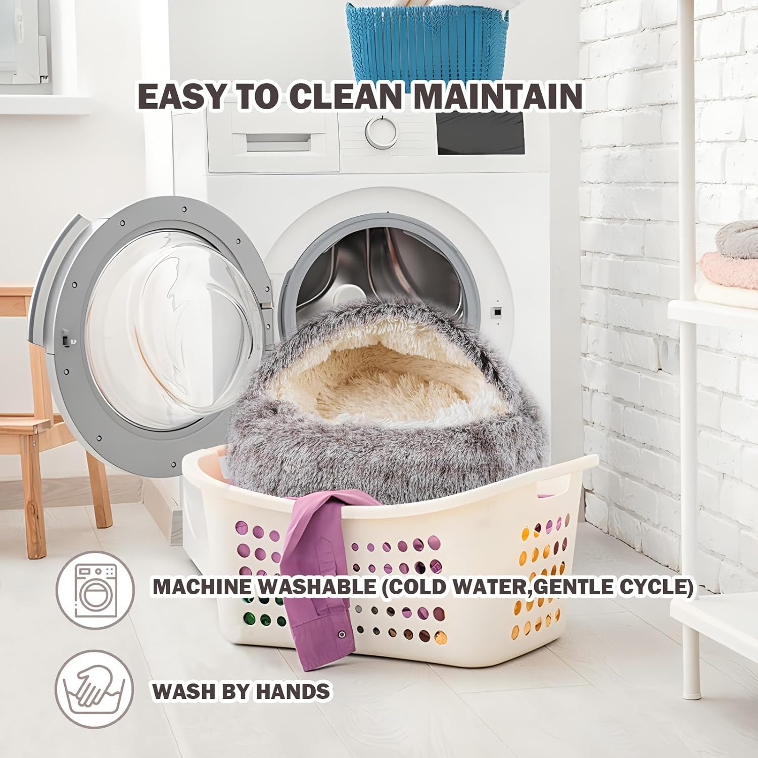 Cat Bed for Indoor Cats, Calming Cozy Cave with Self-Warming Plush, Entire Bed Machine Washable & Anti-Slip Base, Breathable Pet Bed for Small Cats&Dogs All Seasons (Khaki, 20 * 20inch)