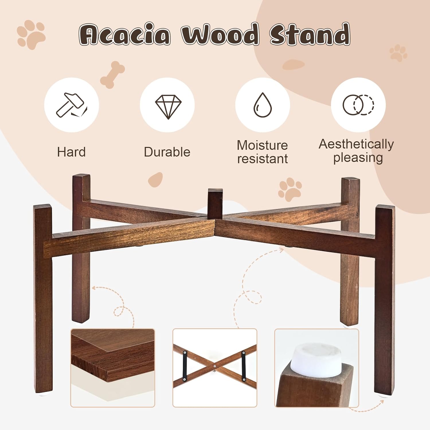 SPUNKYJUNKY Ceramic Elevated Dog Bowl Set with Acacia Wood Stand for Food and Water for Large Dogs (60.87 OZ, Black, Dog Paw Pattern)