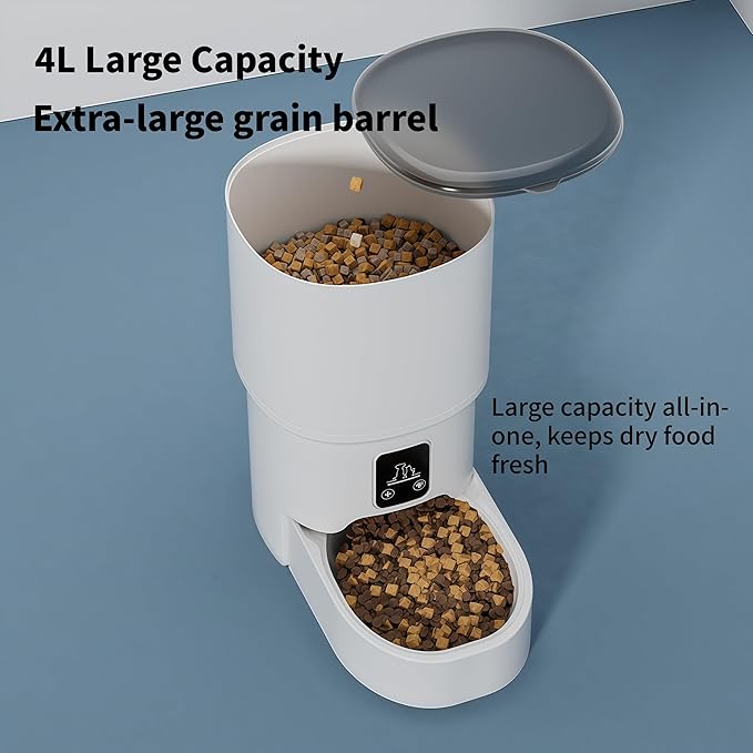 Automatic Cat Feeders - Timed Pet Feeder for Cats and Dogs with Dry Food Dispenser, APP Control Smart, 4L Grain Storage Bucket, Dual Power Supply, Programmable Portion Control (White)