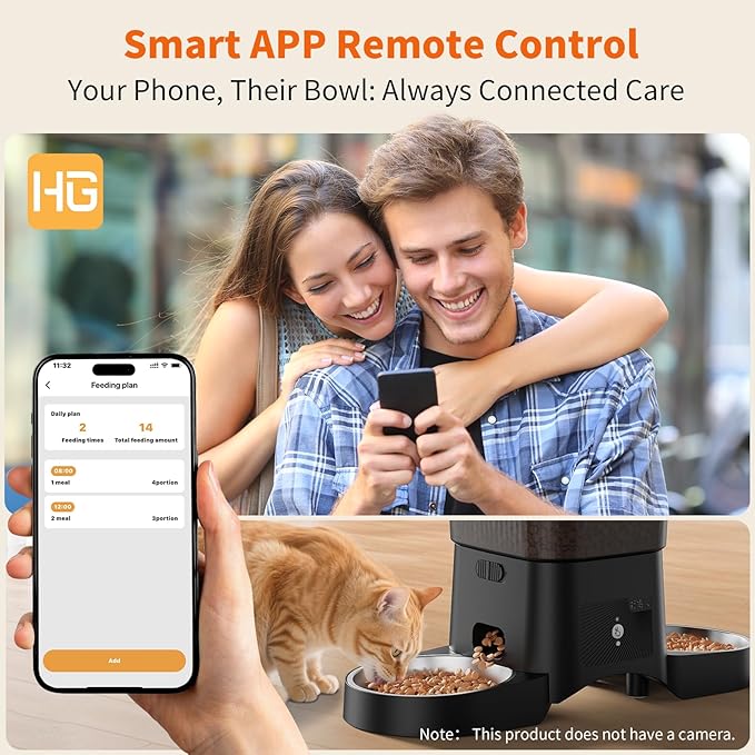 HoneyGuaridan Automatic Cat Feeder with 2.4G/5G WiFi,3.5L Cat Food Dispenser with APP Control – Includes 2 Stainless Steel Bowls & 2 Slow Feeder Anti-Choking Bowls, Four Anti-Slip Feet Black