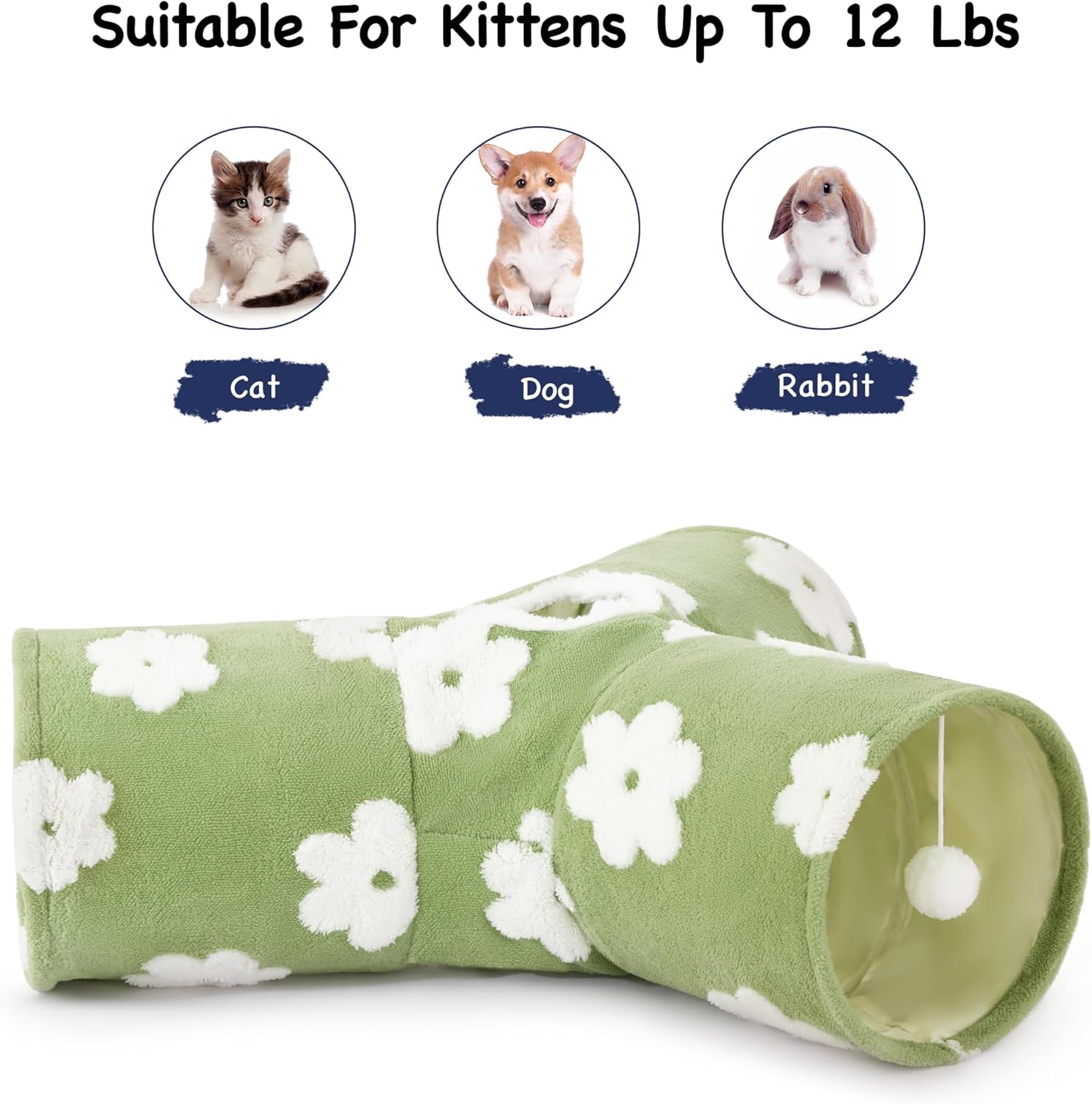Tempcore Flannel Pet Cat Tunnel Tube Cat Toys 3 Way Collapsible, Cat Tunnels for Indoor Cats，Kitty Tunnel Bored Pet Toys Peek Hole Toy Ball Puppy, Kitty, Kitten, Rabbit Daisy Green