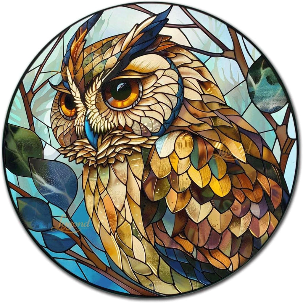 Lygond Metal Sign Tin Sign Circular Stained Glass Owl Vintage Metal Sign for Pet 8×8 Inches
