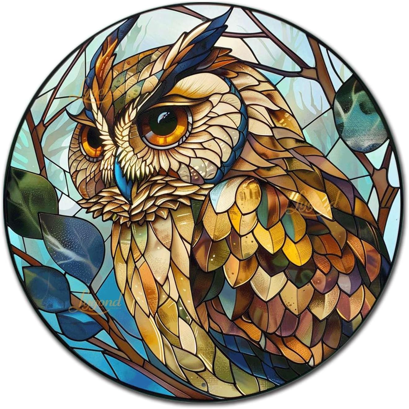 Lygond Metal Sign Tin Sign Circular Stained Glass Owl Vintage Metal Sign for Pet 8×8 Inches
