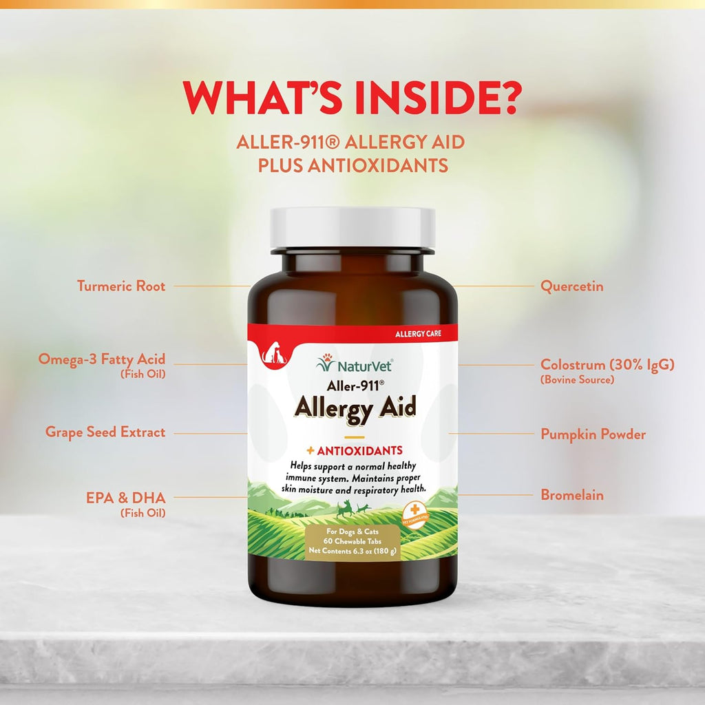 NaturVet Aller-911 Advanced Allergy Aid for Dogs, Cats – Antioxidant-Rich Pet Supplement with Omegas, DHA, EPA – Helps Support Dog Immune System, Cat Respiratory Health, Skin Moisture 60 Ct.