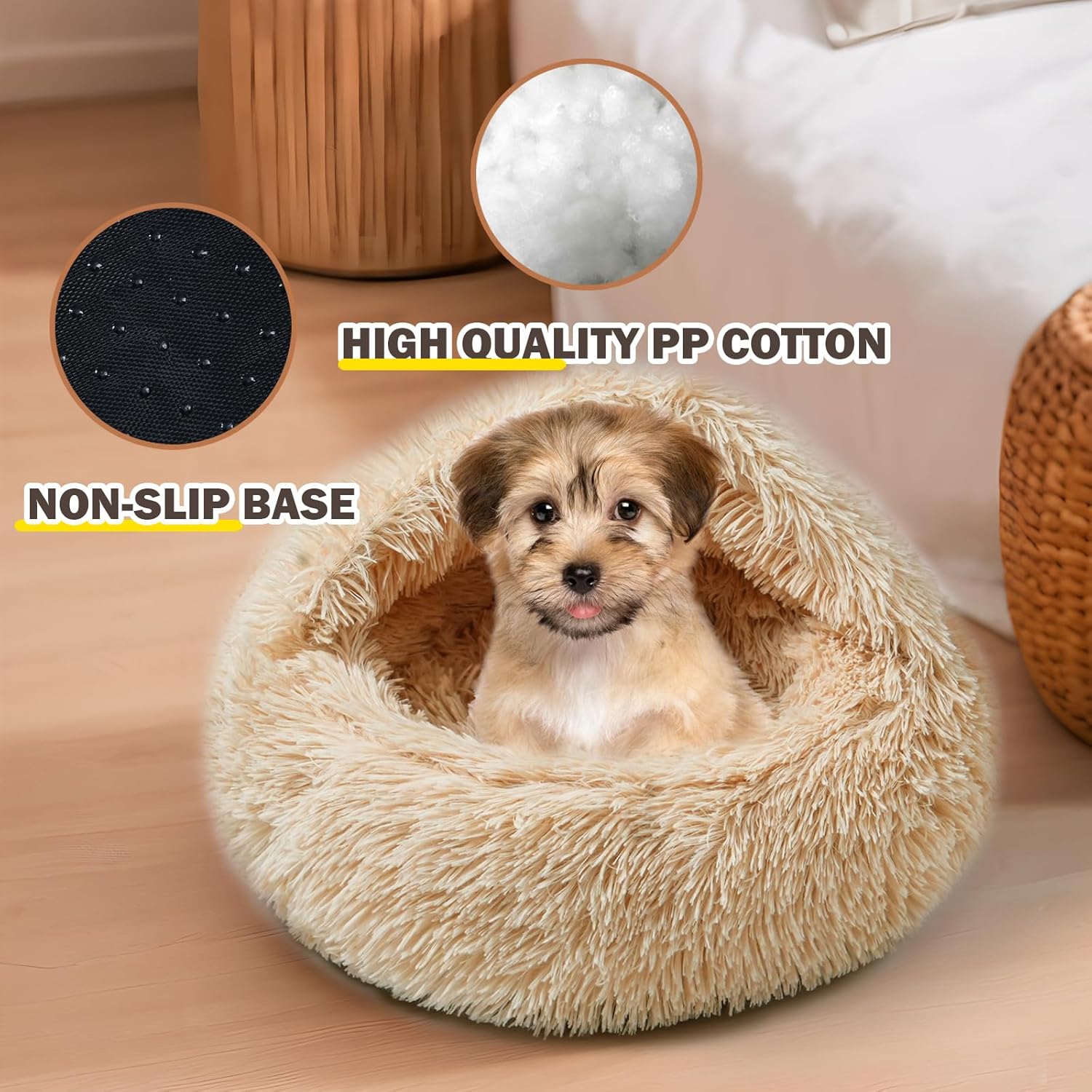 Cat Bed for Indoor Cats, Calming Cozy Cave with Self-Warming Plush, Entire Bed Machine Washable & Anti-Slip Base, Breathable Pet Bed for Small Cats&Dogs All Seasons (Apricot Color, 20 * 20inch)