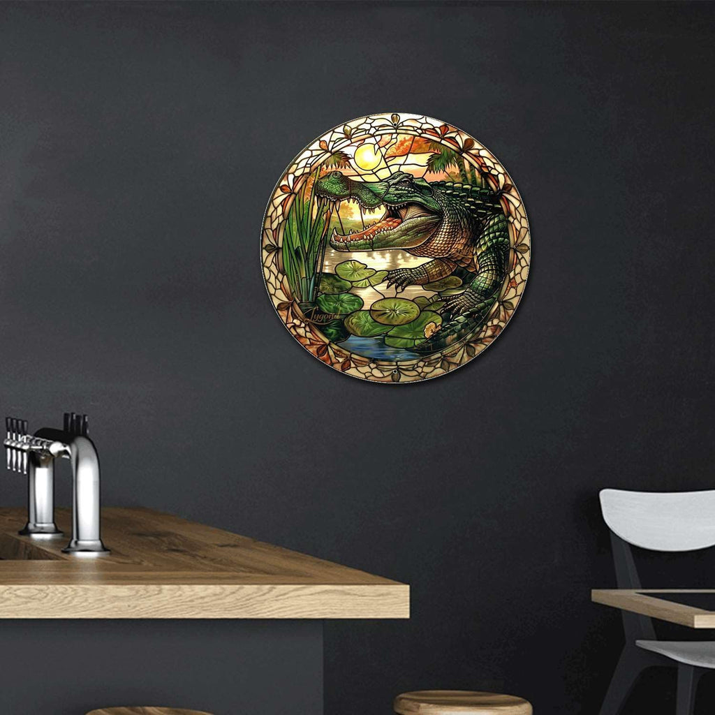 Lygond Metal Sign Tin Sign Circular Stained Glass Alligator Minimalist Wall Art for Home Decor 12×12 Inches