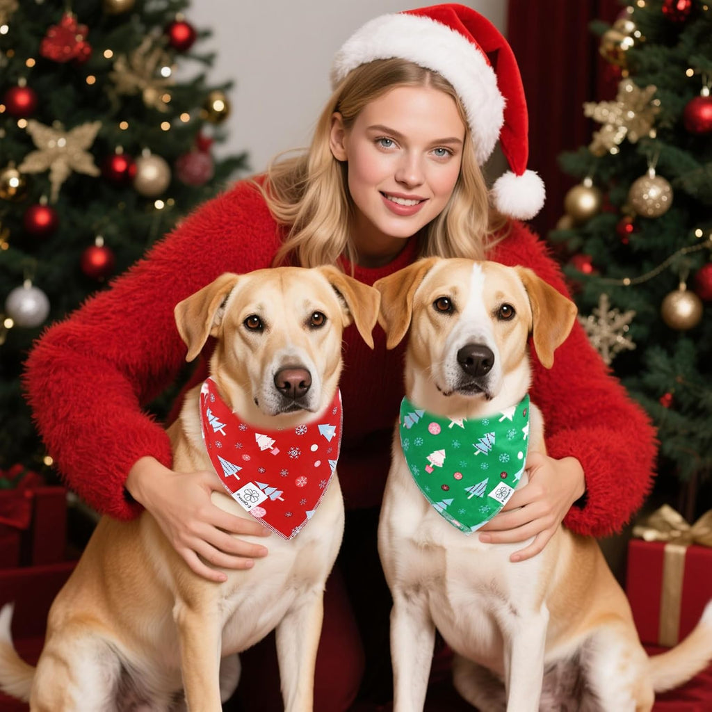 E-Clover Christmas Dog Bandanas Winter Scarf for Dog Boy Girl Christmas Tree Costumes Accessories for Medium Large Dogs Green Red
