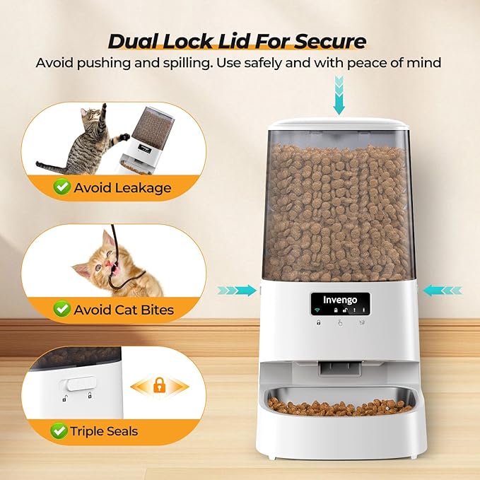 Automatic Cat Feeder with App Control, 5L Food Dispenser for Cats and Small Dogs, 2.4/5G Wi-Fi, Dual Power, Programmable Portions, Anti-Jam & Fresh-Lock, Stainless Steel Bowl, Easy to Clean