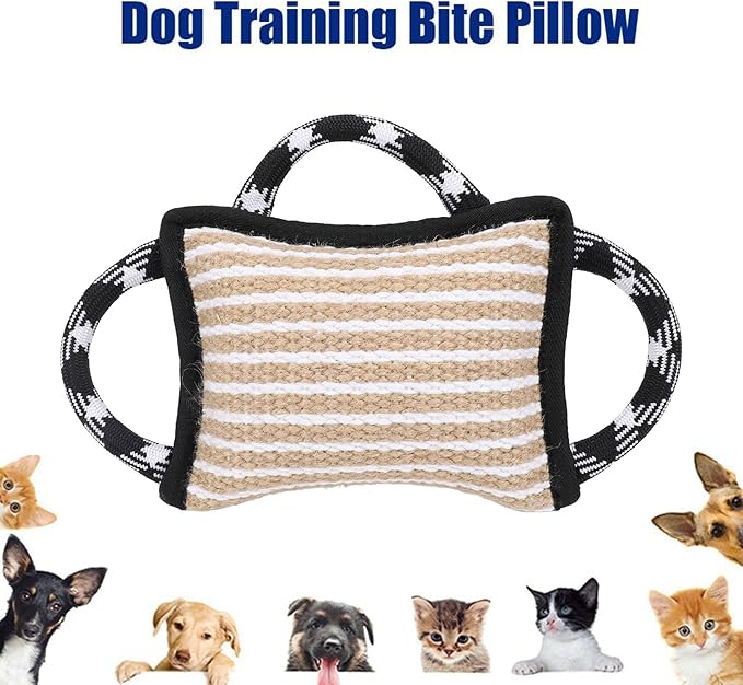 Dog Bite Pillow, Tug War Toy Biting Pad, Jute Tear Resist Interactive Play Dog Bite Tug Toy for Small Medium Large Dogs (Black)