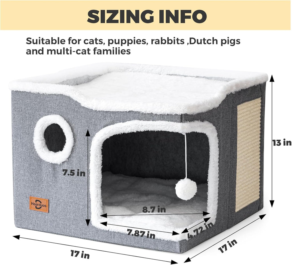 Cat Bed for Indoor Cats,Covered Cat Cave House & Furniture with Scratch Pad,Foldable Cat Hideaway Hut Cute Cat Condo with Soft Washable Mat for Multi Small Pet Under 30 lbs,Dark Grey
