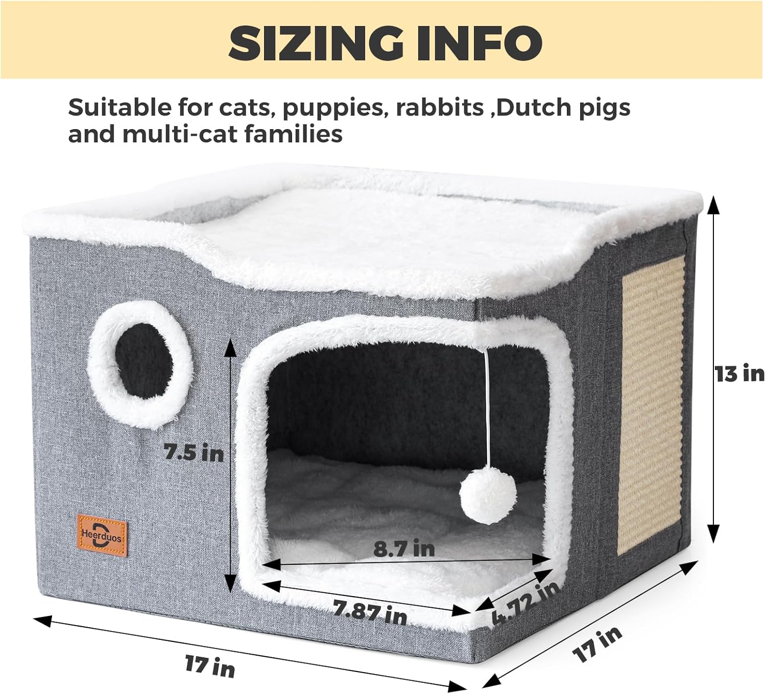 Cat Bed for Indoor Cats,Covered Cat Cave House & Furniture with Scratch Pad,Foldable Cat Hideaway Hut Cute Cat Condo with Soft Washable Mat for Multi Small Pet Under 30 lbs,Dark Grey