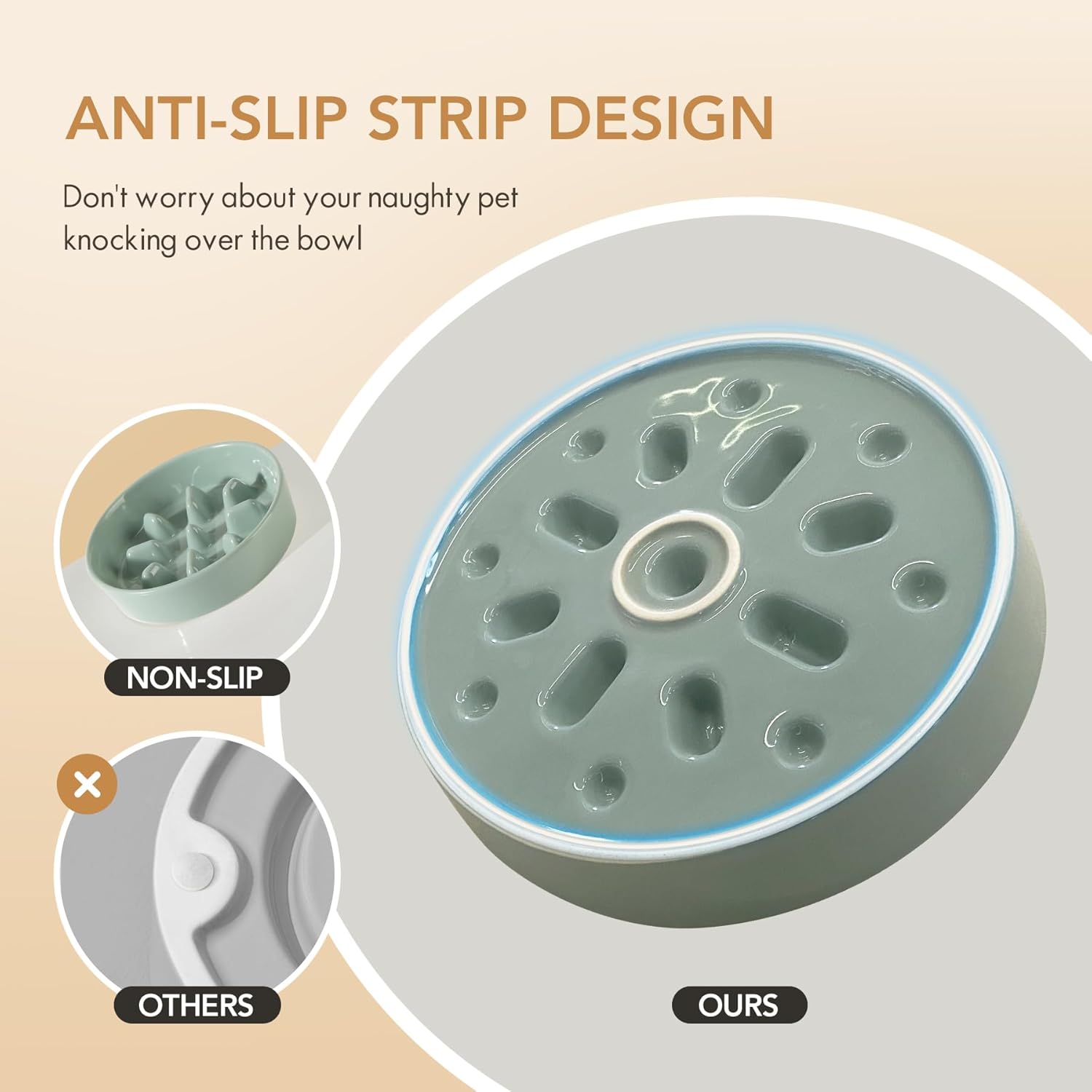 6.1inch Ceramic Dog Raised Slow Feeder Set, Elevated Bowl with Wooden Stand for Small Dog, Pet Slow Feeder Dish for Fast Easters, Anti-Gulping(Light Green, Single Bowl+ Stand)