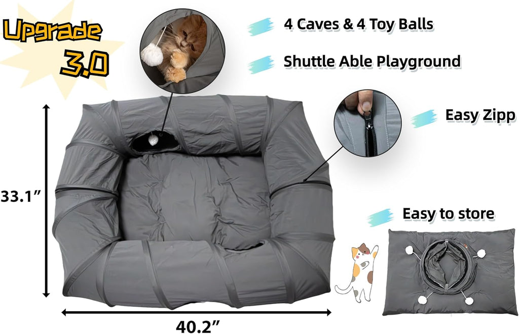XxingSheep 4 Ways Shuttled XL Cat Tunnel Bed for Indoor Cats Peekaboo Cat Cave Donut with Cool Mat (Dark Gray)