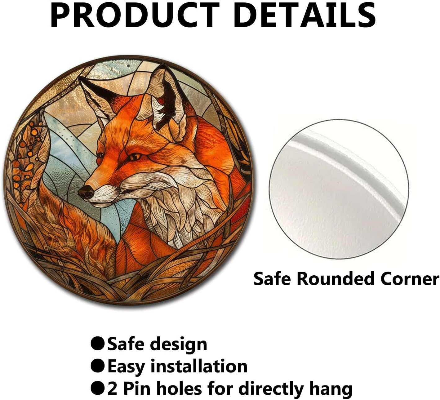 Lygond Metal Sign Tin Sign Circular Stained Glass Fox Gardening Decor Gift for Bar 8×8 Inches