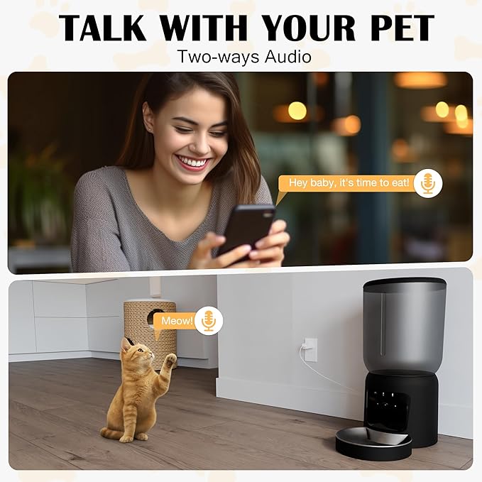 Automatic Cat Feeder with 2K Camera: Cat Food Dispenser with 6L Capacity, Container for Multiple Pet; Automatic Dog Feeder with Night Vision Support 5/2.4GHz & 2-Way Audio, Anti-Jam Design (Black)