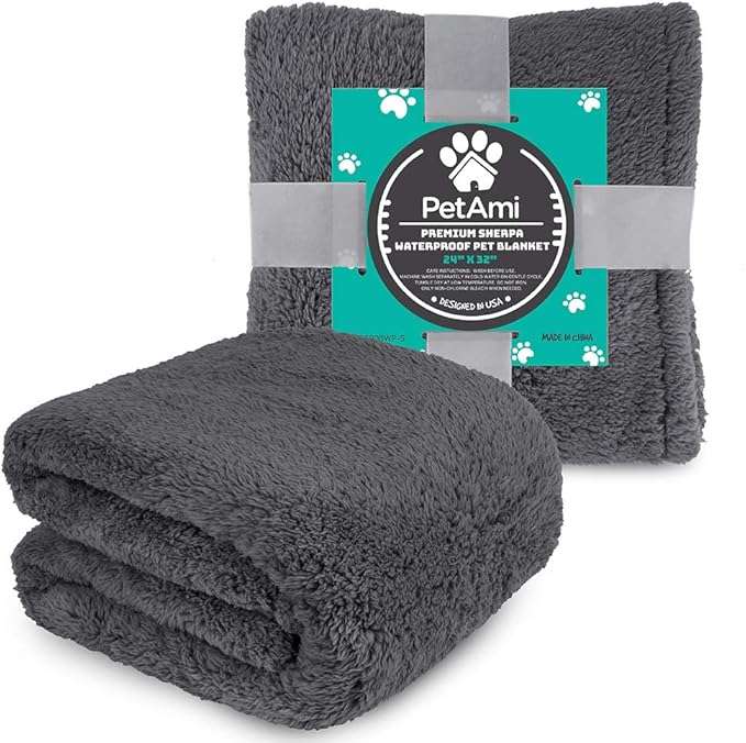 PetAmi Fluffy Waterproof Dog Blanket for Small Medium Dogs, Soft Warm Pet Sherpa Throw Pee Proof Couch Cover, Reversible Cat Puppy Bed Blanket Sofa Protector, Plush Washable Pad (Grey, 24x32)