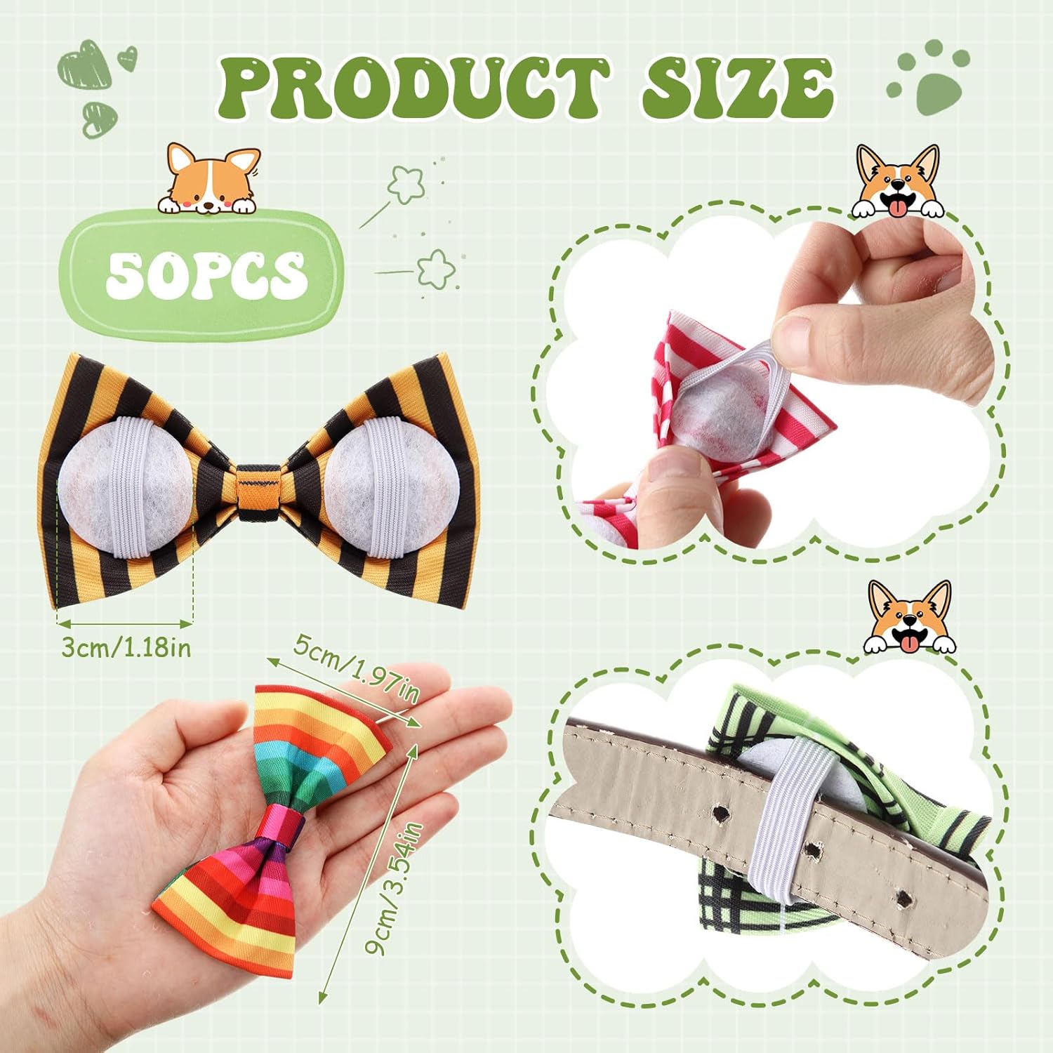 Reginary 50 Pieces Dog Bow Ties Pet Collar Bow Puppy Collar Attachment with Rubber Bands for Small Medium Cat Pet Grooming Charms Accessories Wedding Birthday Occasion(Stripe Style)