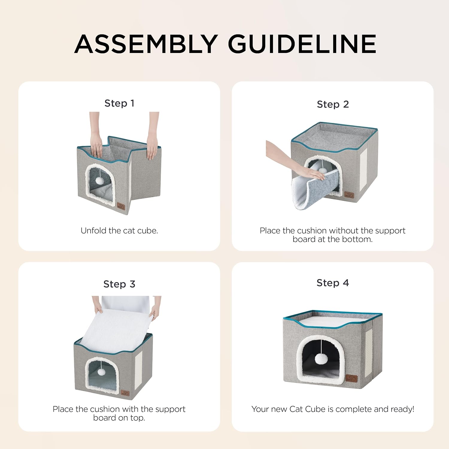 Bedsure Cat Beds for Indoor Cats - Large Cat Cave for Pet Cat House with Fluffy Ball Hanging and Scratch Pad, Foldable Cat Hideaway, 16.5x16.5x13 inches, Black