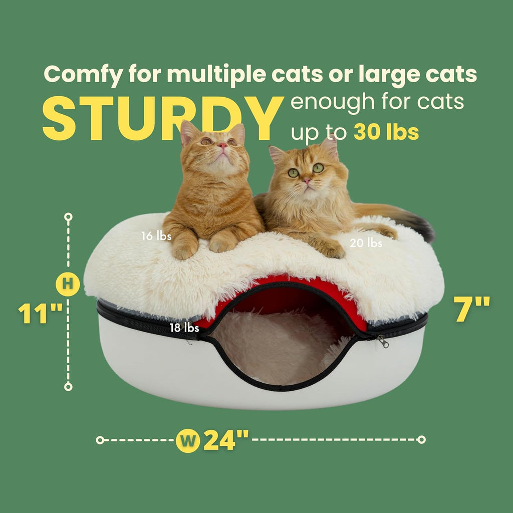 CATTASAURUS Peekaboo Cat Cave for Multiple & Large Cats Up to 30-45 Lbs, Fluffy Cat Beds & Furniture, Scratch Detachable & Washable Tunnel Bed, Comfy Donut Bed (Ruby Snowball, Large (Calming))