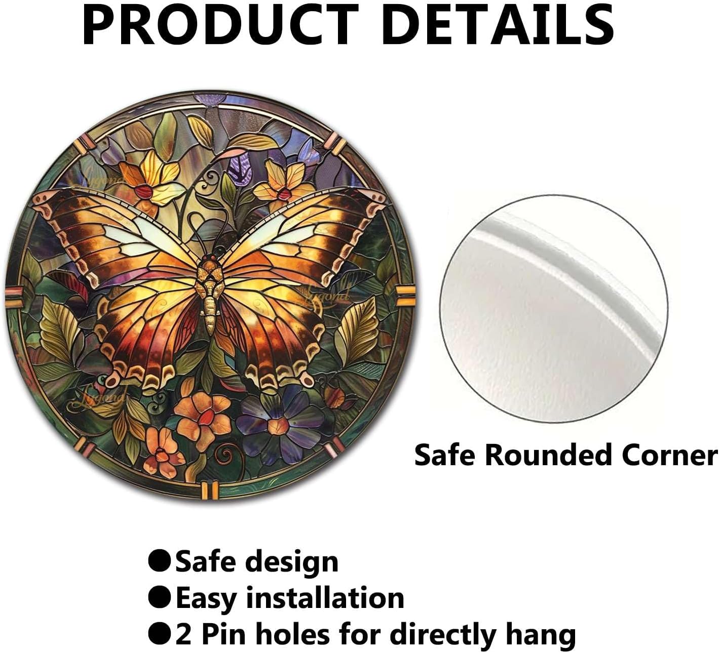 Lygond Metal Sign Tin Sign Circular Stained Glass Butterfly Funny Bathroom Decor for Garage 8×8 Inches