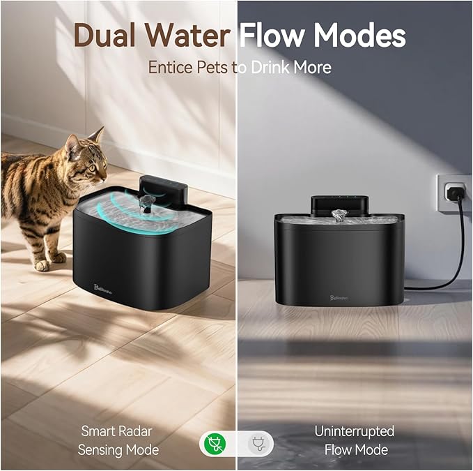 Cat Water Fountain, App Control Wireless Cat Fountain, 122oz/3.6L Pumpless Water Fountains for Cats Indoor with Stainless Steel Tray, Wi-Fi Dog and Pet Water Fountain (Black, Fountain+2 Fliters)