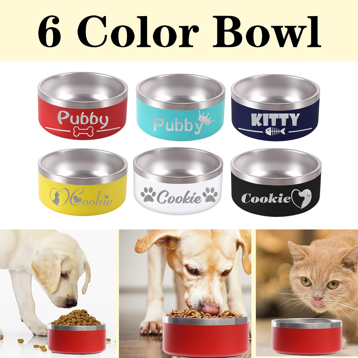 42OZ Personalized Dog Bowl Laser Engraved Custom Pet Name 18/32/42/64 oz No Slip Stainless Steel Insulated Bite-Resistant Food Water Dishes-White
