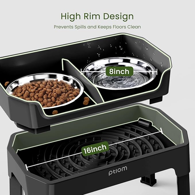 KPWACD 3-in-1 Elevated Dog Bowls Mess Proof Raised Slow Feeder Dog Bowls, 4 Height Adjustable Stand Licking Plate with 2 56oz Stainless Steel Doggy Food Dish for Small Medium Large Pets