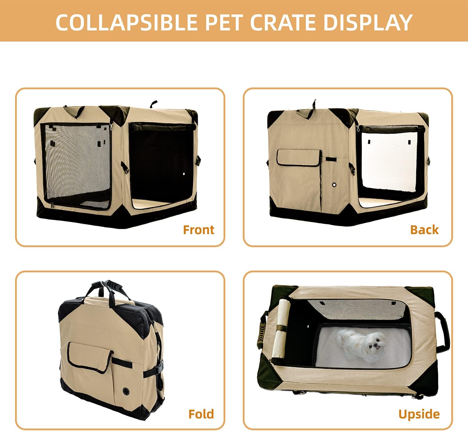 Pettycare 30 Inch Collapsible Dog Crate for Medium Dogs, 4-Door Foldable Soft Dog Kennel with Chew Proof Mesh Windows, Indoor & Outdoor Travel Dog Crate, Beige