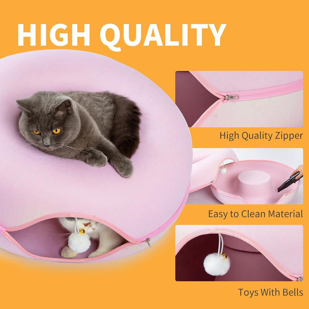 Jia Xi Cat Tunnel Bed & Hideout - Large Indoor Cat Condo & Cave (24 inch, Pink)