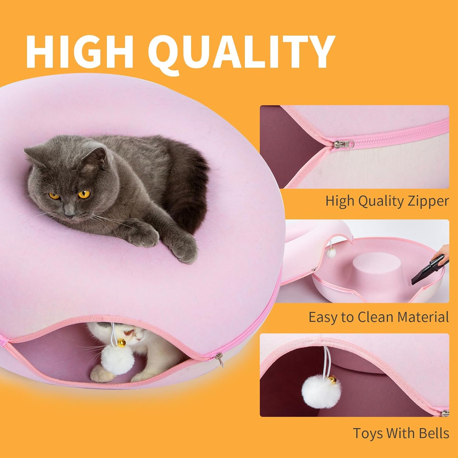 Jia Xi Cat Tunnel Bed & Hideout - Large Indoor Cat Condo & Cave (24 inch, Pink)