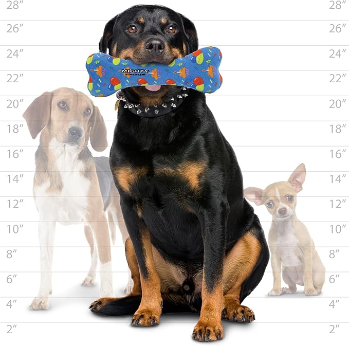 MIGHTY- NO Stuff Bone– Squeaky Plastic Core. 2-in-1 Toy. Made Durable, Strong & Tough. Interactive Play Dog Toy (Tug, Toss & Fetch). It Floats. (Celebration, Large)