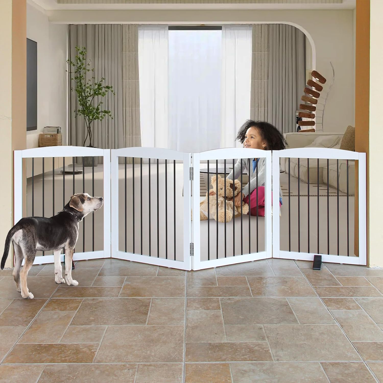 ZJSF Freestanding Panel Dog Gate for Indoor, Doorways,Stairs, or Hallways,Foldable Wooden White Pet Gates for House,Pet Gate for Dogs,Dog Fence, Puppy Gate,Support Feet Included,24 "Height-4 Panels