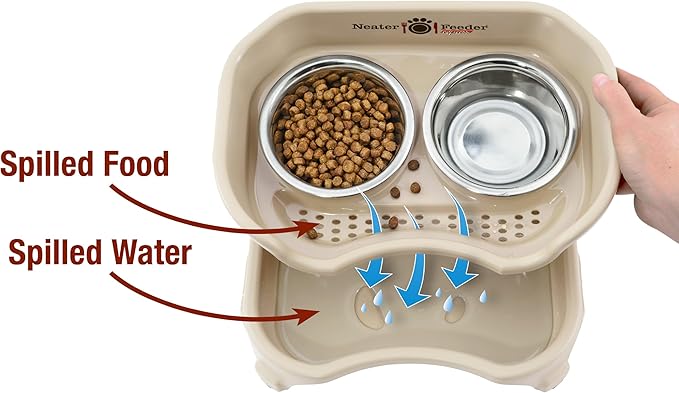 Neater Feeder Express Mess Proof Dog Bowls Elevated for Small Breed – Made in USA – No Spill Raised Slow Feeder Elevated Dog Bowl Stand, Stainless Steel Food and Water Bowl Set, Almond