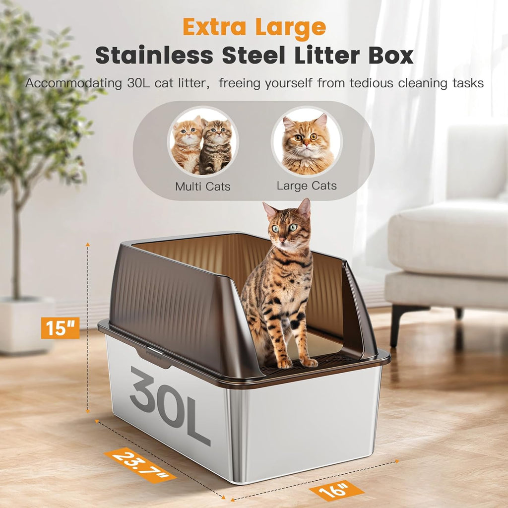 Tripamin 15” XL Stainless Steel Cat Litter Box Enclosure, XXL Stainless Steel High Sides with Lid, Extra Large Metal Cat Litter Box (Translucent Brown, XX-Large)