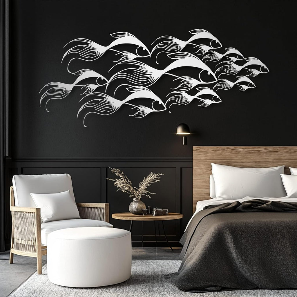 School of Fish Metal Wall Art, Metal Fish Wall Decor, Sea Life Wall Art, Large Nautical Wall Hanging, Modern Beach House Wall Decor, Ocean Themed Artwork for Bathroom (Gold, 53"x22" | 135x57cm)