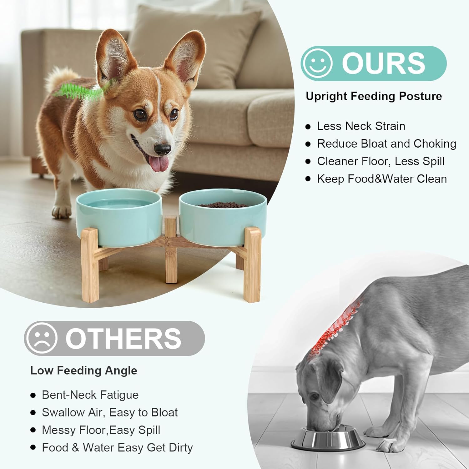 SPUNKYJUNKY Elevated Dog Bowls Ceramic, 6.1'' Dogs and Cat Food Water Bowls Raised with Non-Slip Bamboo Stand for Medium Sized Breed Microwave Dishwasher Safe - 28.7 OZ,Light Green