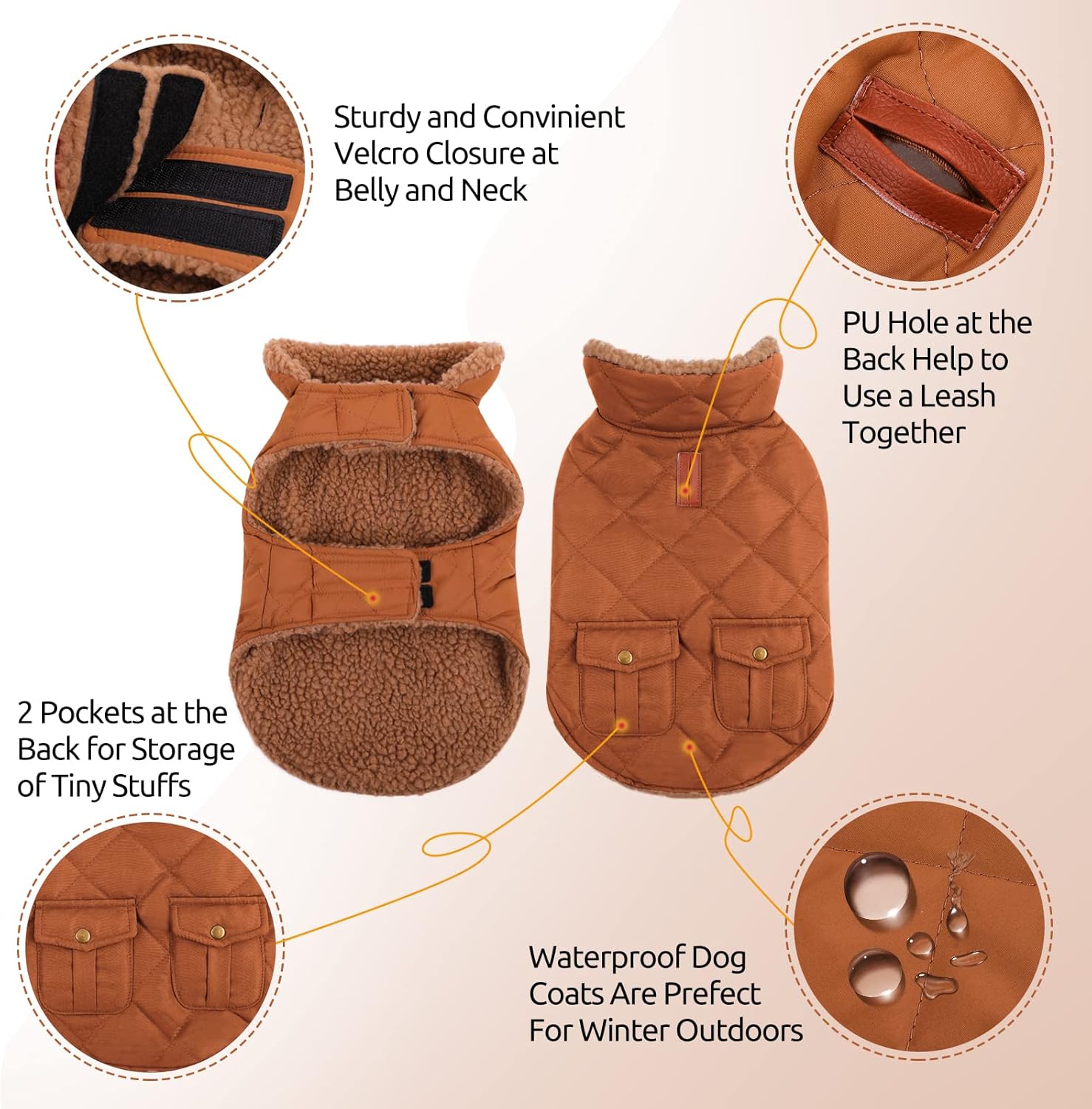 Queenmore Warm Dog Coat, Cold Weather Puffer Jacket with Ultra Thick Plush Lining and Storage Pockets (Brown, Large)