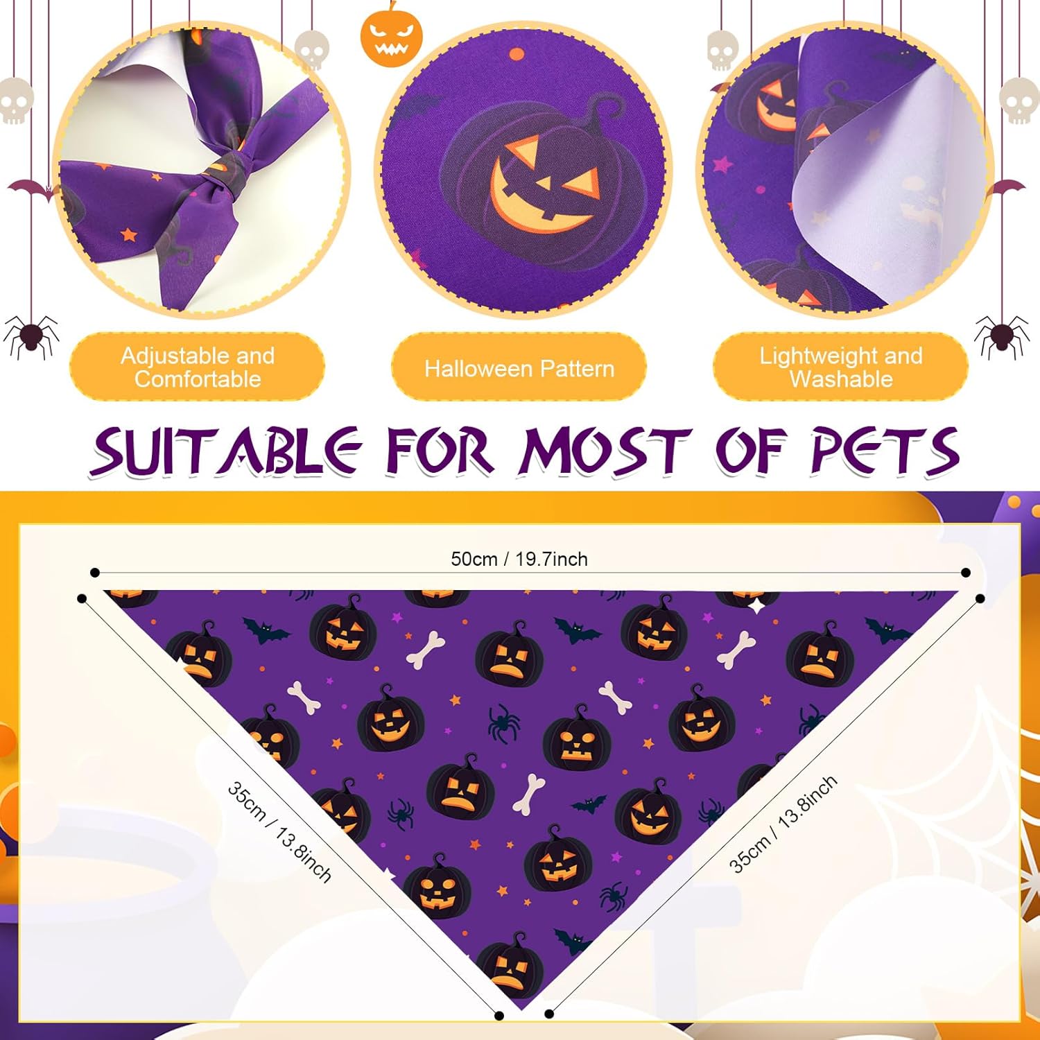 Abbylike 50 Pcs Halloween Dog Bandanas Bulk Pumpkin Bandanas for Dogs Triangle Kerchief Bibs Scarf Set for Pet Halloween Costume Photo Props Accessories Pet Shops, 25 Styles (19.7 x 13.8 x 13.8")