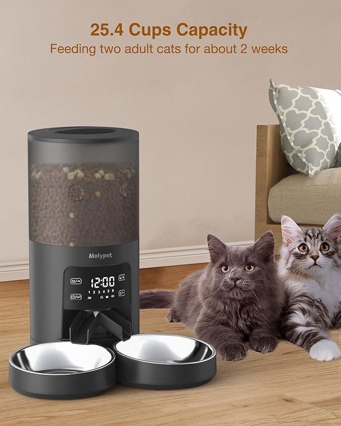 Automatic Cat Feeders for 2 Cats - 6L Food Dispenser with Double Bowls, Programmable Timed Feeder up to 6 Meals per Day with 10S Voice Recorder, Support Dual Power Supply