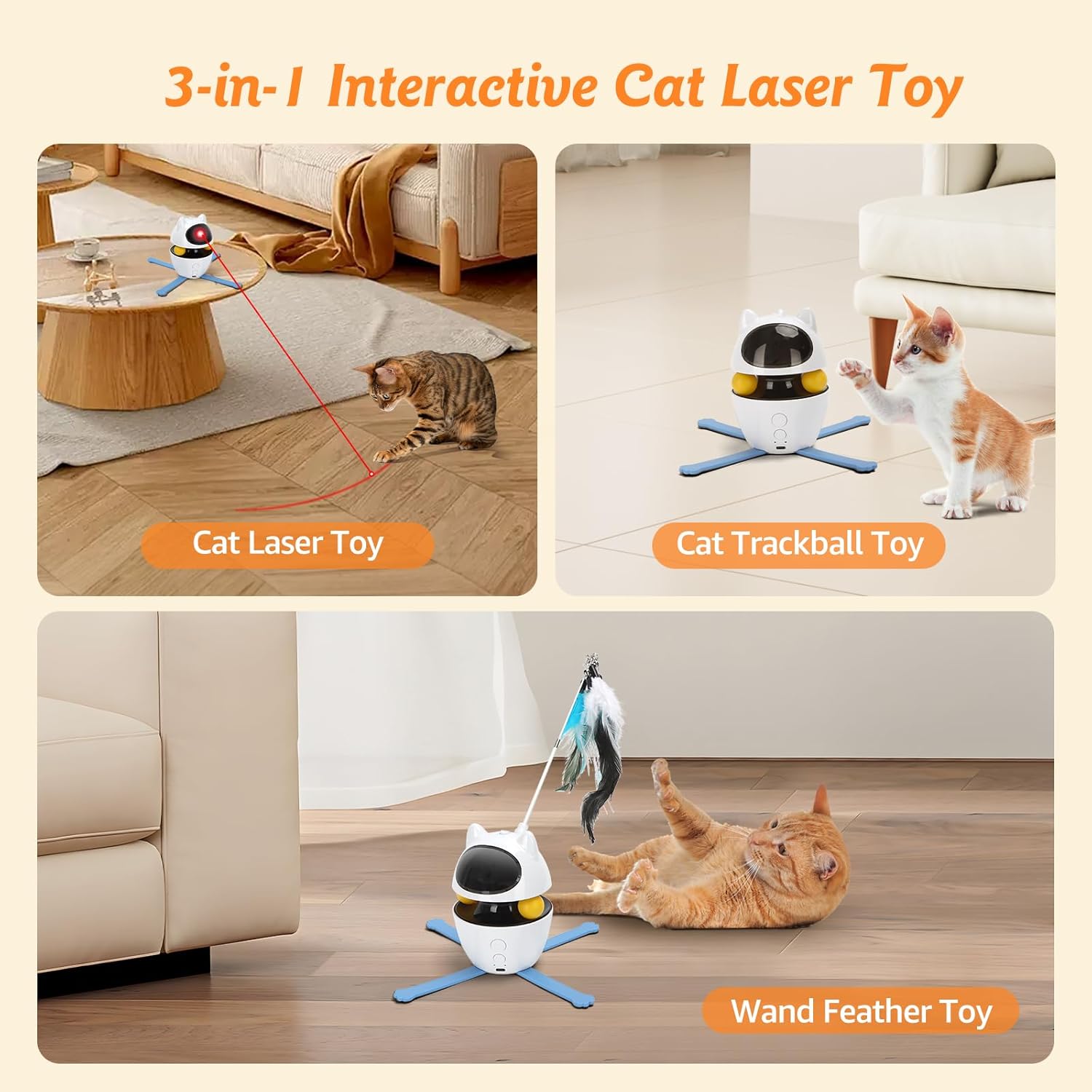Nobleza 3-in-1 Cat Laser Toy with Feather Trackball, Rechargeable Pet Interactive Pointer Red Light Game, 3 Modes Random Trajectory Motion Activated Boredom Buster for Cat Self Play Home Indoor