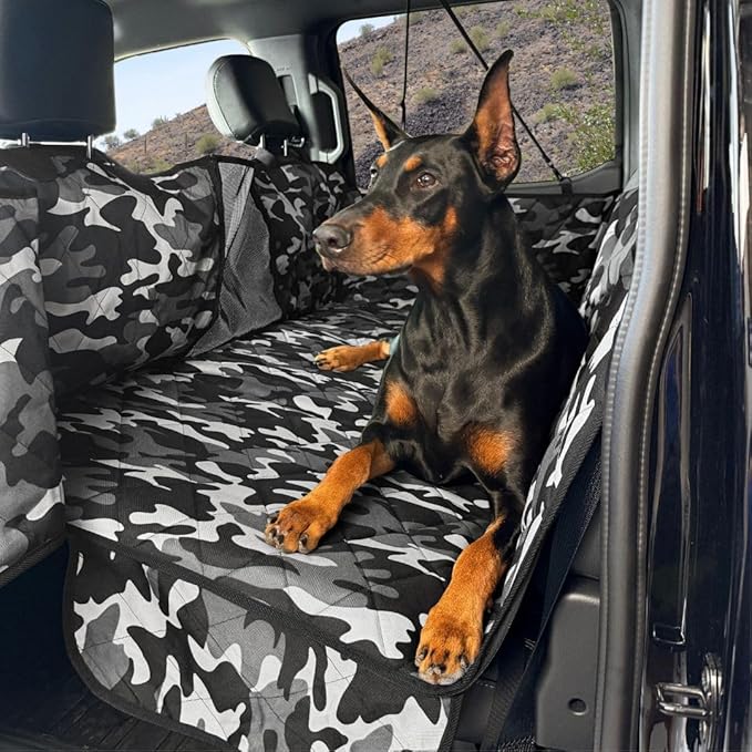 4Knines Hard Bottom Back Seat Extender for Dogs – Waterproof Dog Car Seat Cover – Heavy Duty Backseat Protector for Cars, SUVs, Trucks – Built-in EZ Open Door Protector (Camo, XL)